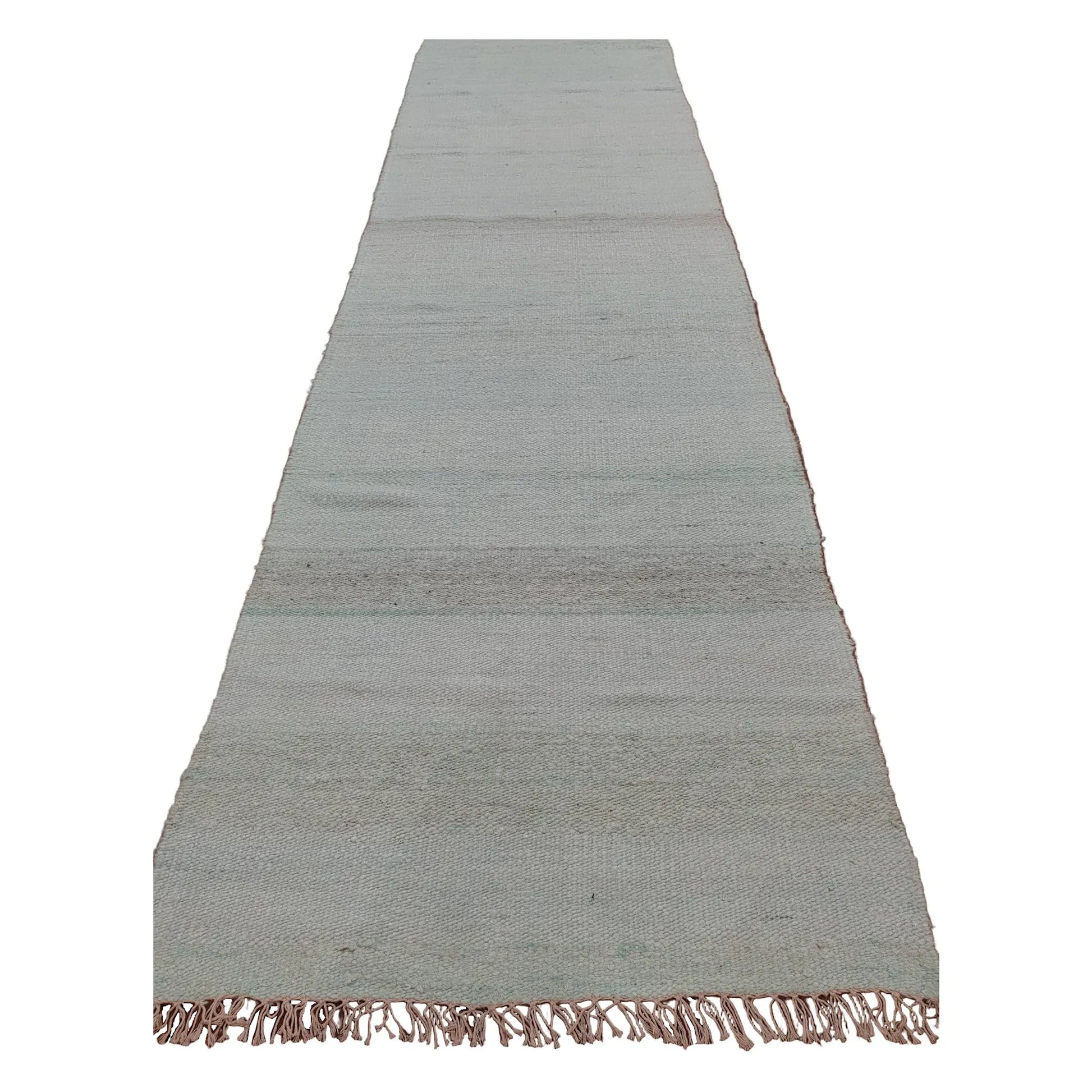 Indian Dhurrie runner rug 303 x 77 cm full view with pale aqua and off-white softly variegated weave