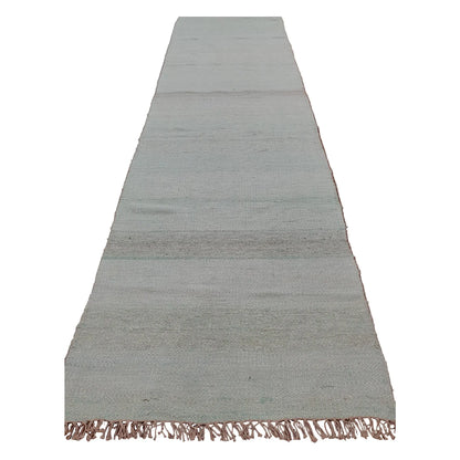 Indian Dhurrie runner rug 303 x 77 cm full view with pale aqua and off-white softly variegated weave