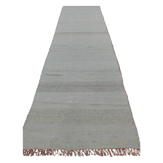Indian Dhurrie runner rug 303 x 77 cm full view with pale aqua and off-white softly variegated weave