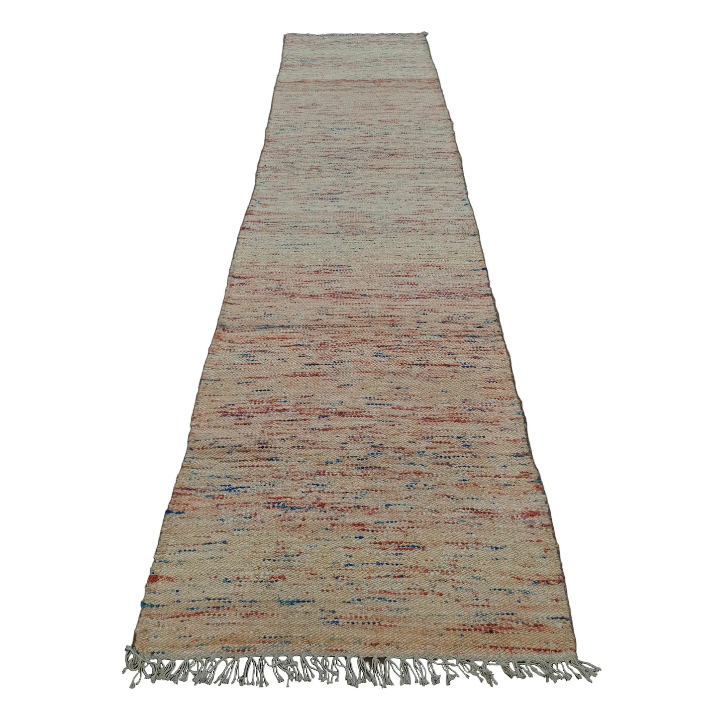 Indian Dhurrie runner rug 309 x 77 cm full view with off-white ground and muted multicolour horizontal striations