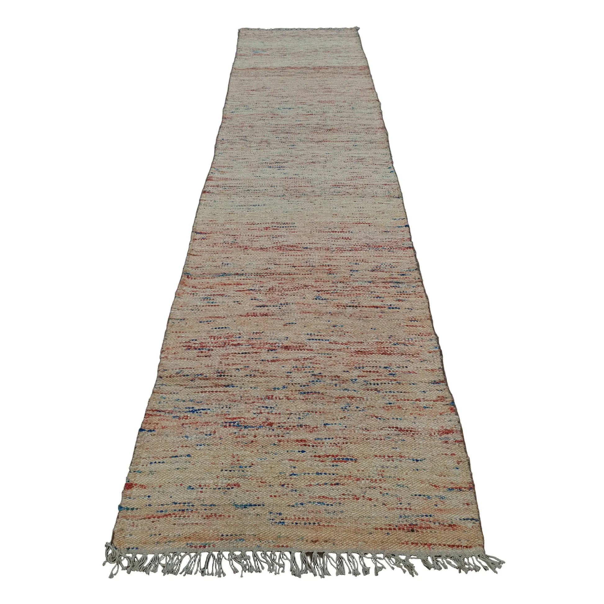 Indian Dhurrie runner rug 309 x 77 cm full view with off-white ground and muted multicolour horizontal striations