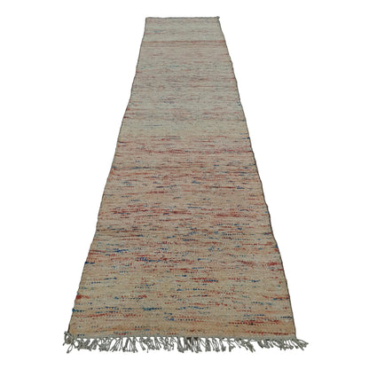 Indian Dhurrie runner rug 309 x 77 cm full view with off-white ground and muted multicolour horizontal striations