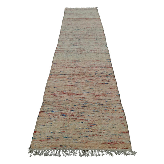 Indian Dhurrie runner rug 309 x 77 cm full view with off-white ground and muted multicolour horizontal striations