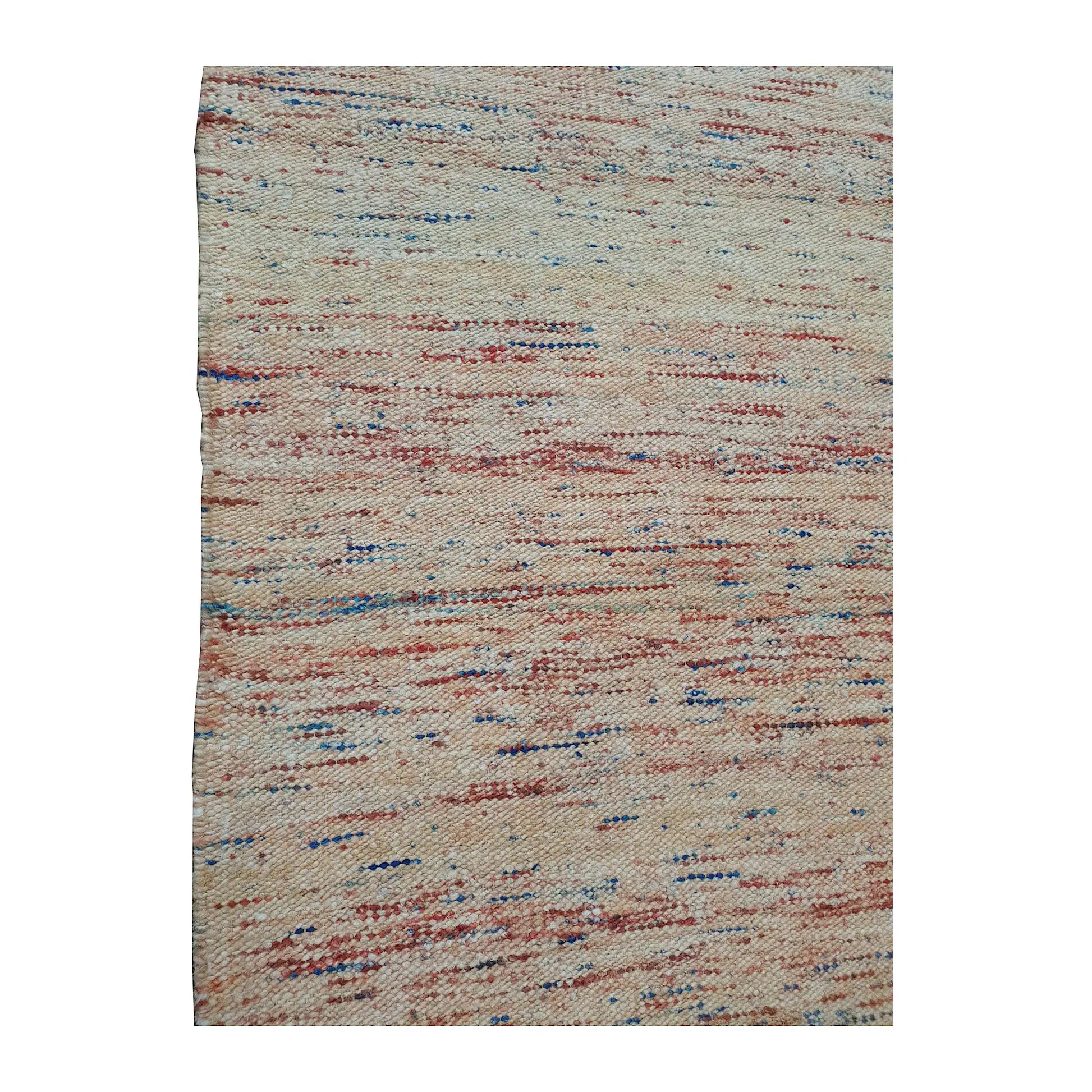 Close-up of Indian Dhurrie runner showing irregular red, blue and ochre markings across the off-white weave