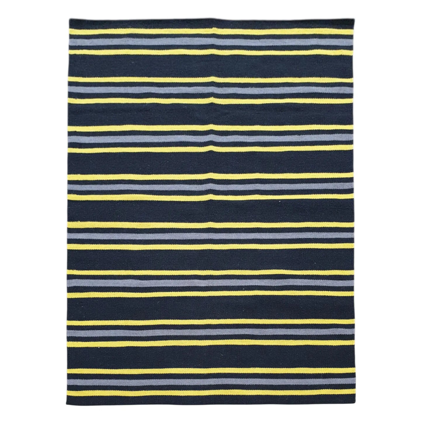 Full view of Indian Dhurrie fine wool rug with charcoal, yellow, grey, and ivory stripe design, 230 x 160 cm