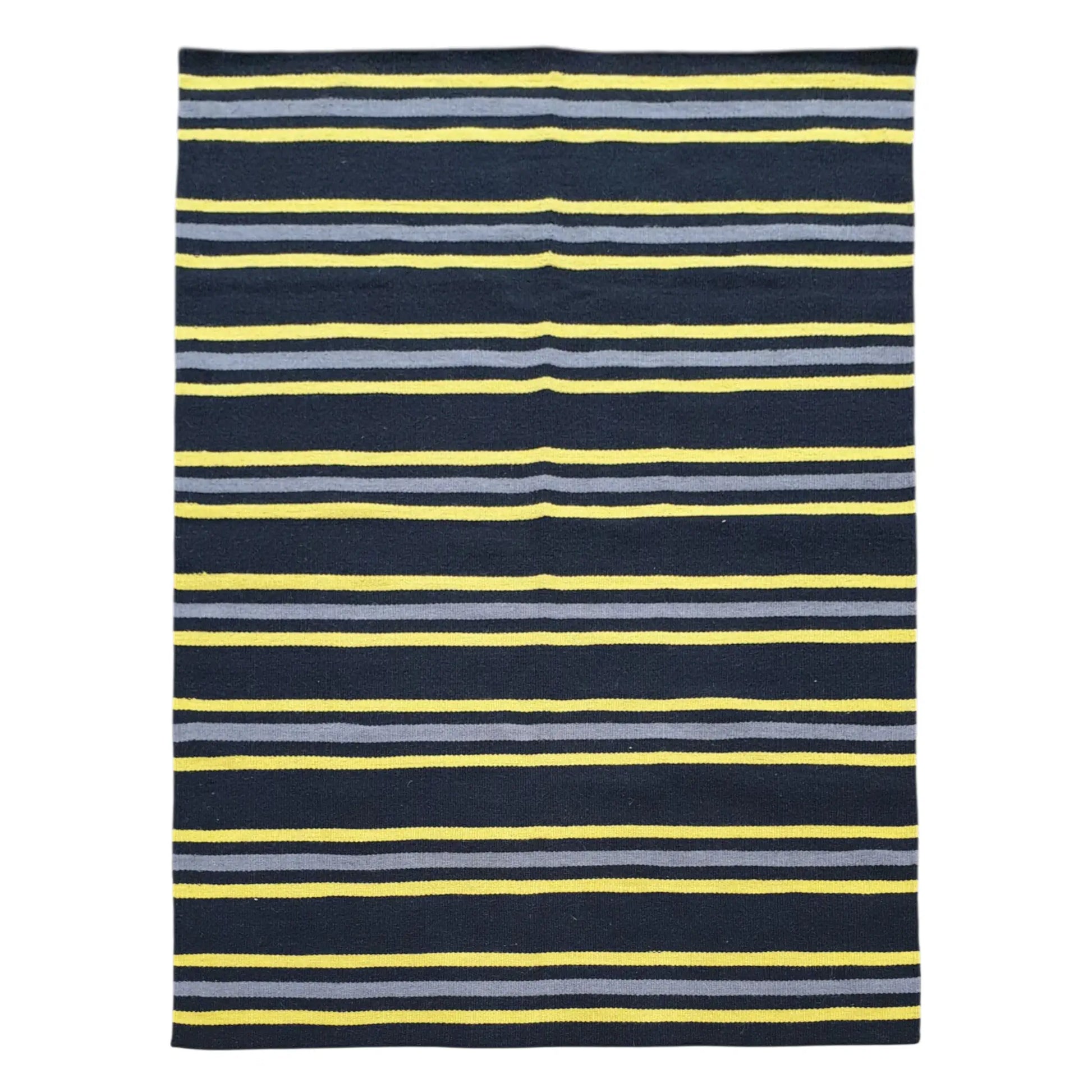Full view of Indian Dhurrie fine wool rug with charcoal, yellow, grey, and ivory stripe design, 230 x 160 cm