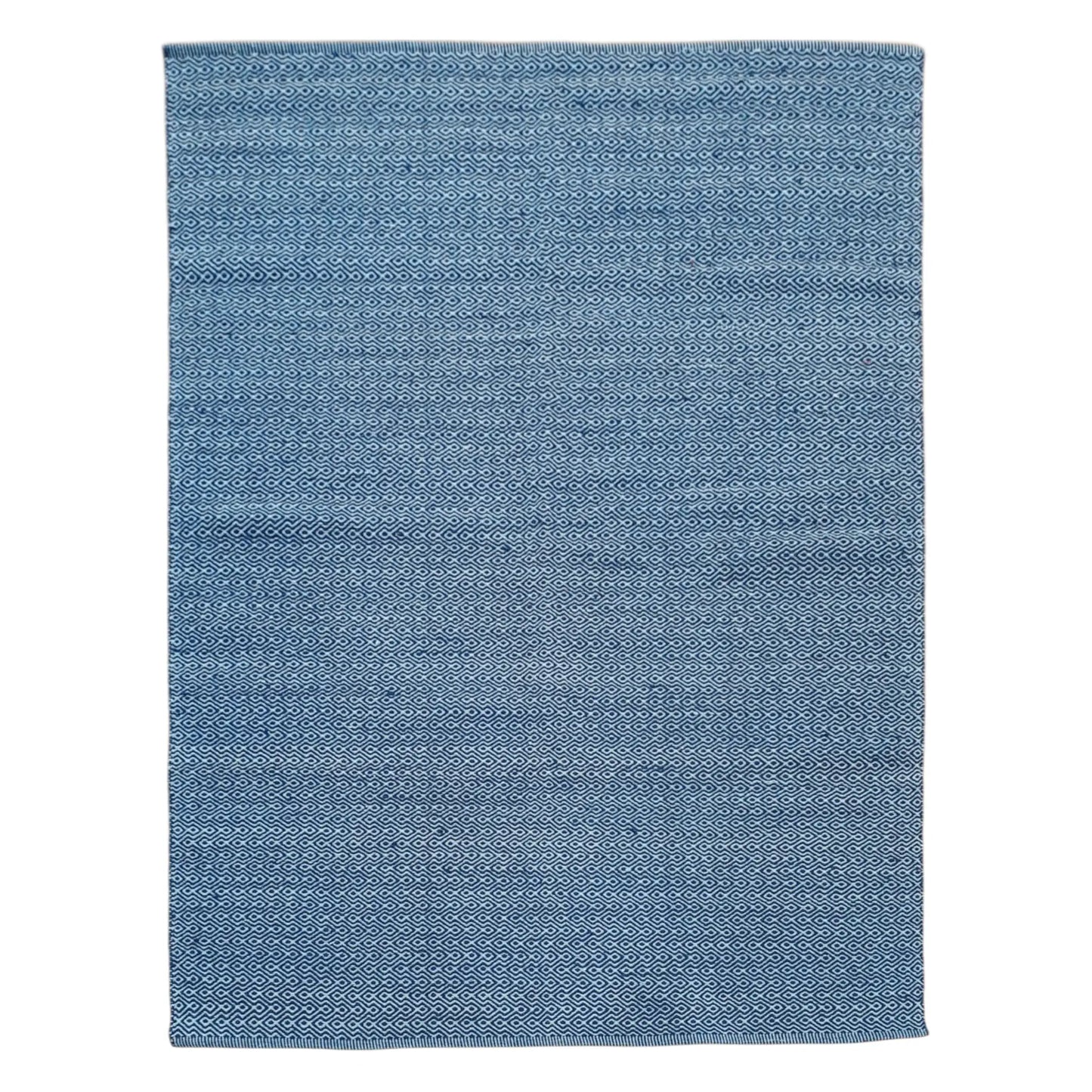 Full view of Indian Dhurrie rug in blue with subtle geometric weave pattern, 230 x 160 cm