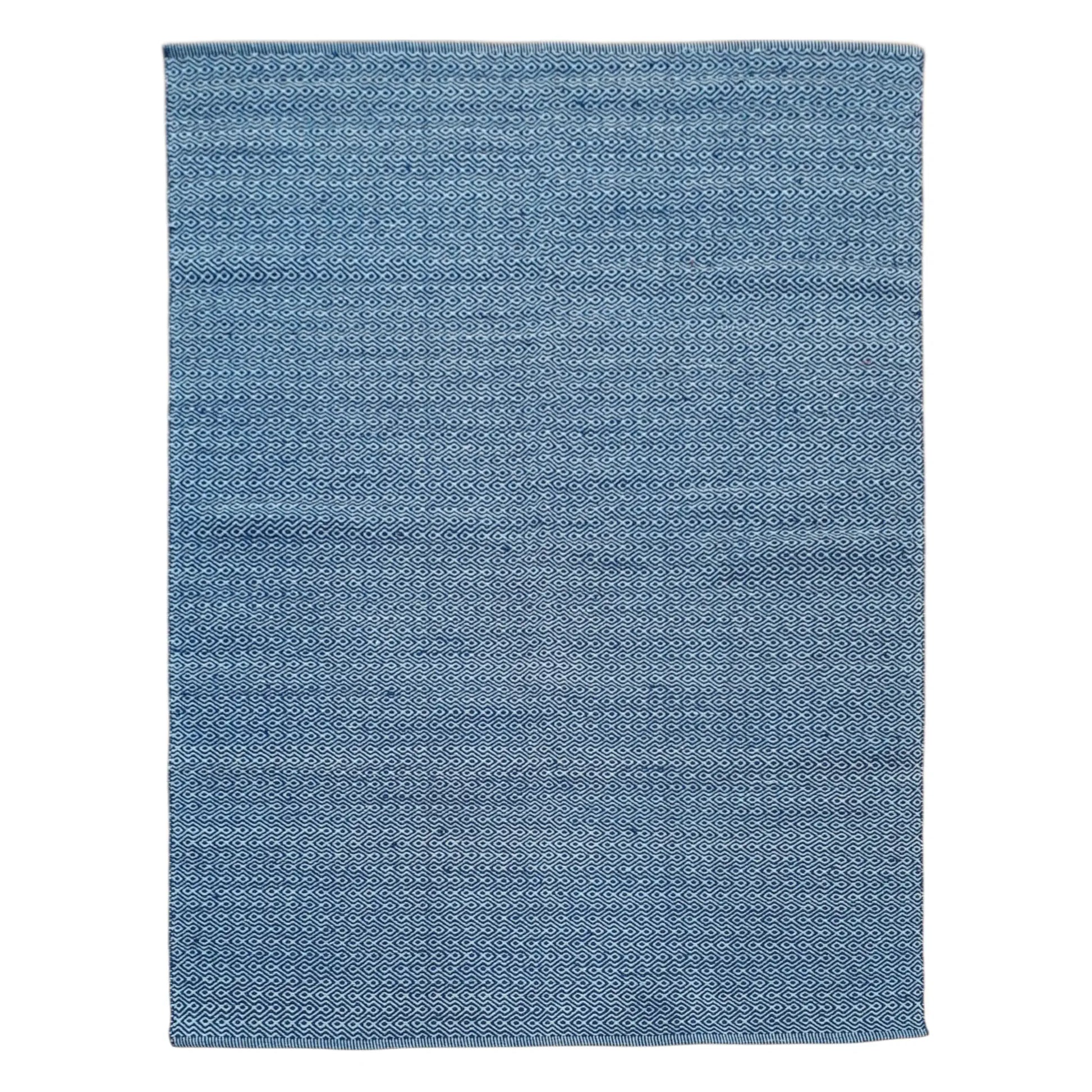 Full view of Indian Dhurrie rug in blue with subtle geometric weave pattern, 230 x 160 cm