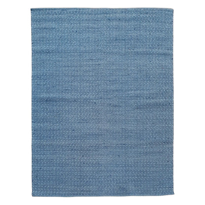Full view of Indian Dhurrie rug in blue with subtle geometric weave pattern, 230 x 160 cm