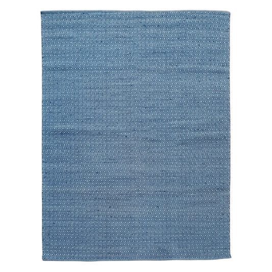 Full view of Indian Dhurrie rug in blue with subtle geometric weave pattern, 230 x 160 cm