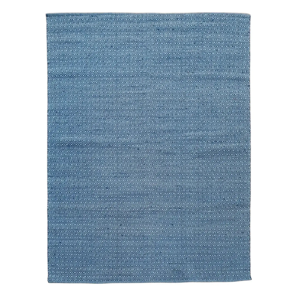 Full view of Indian Dhurrie rug in blue with subtle geometric weave pattern, 230 x 160 cm