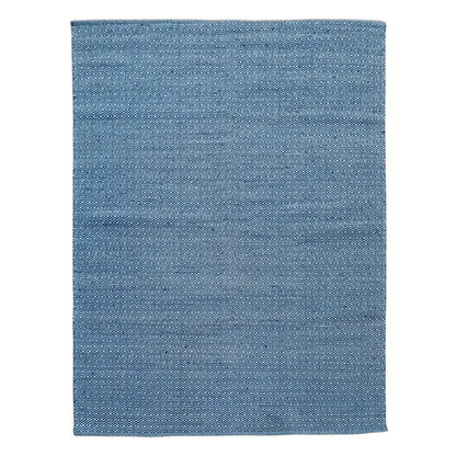 Full view of Indian Dhurrie rug in blue with subtle geometric weave pattern, 230 x 160 cm