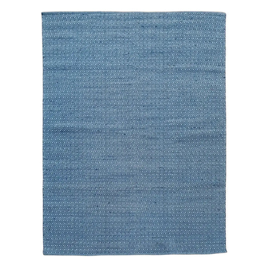 Full view of Indian Dhurrie rug in blue with subtle geometric weave pattern, 230 x 160 cm