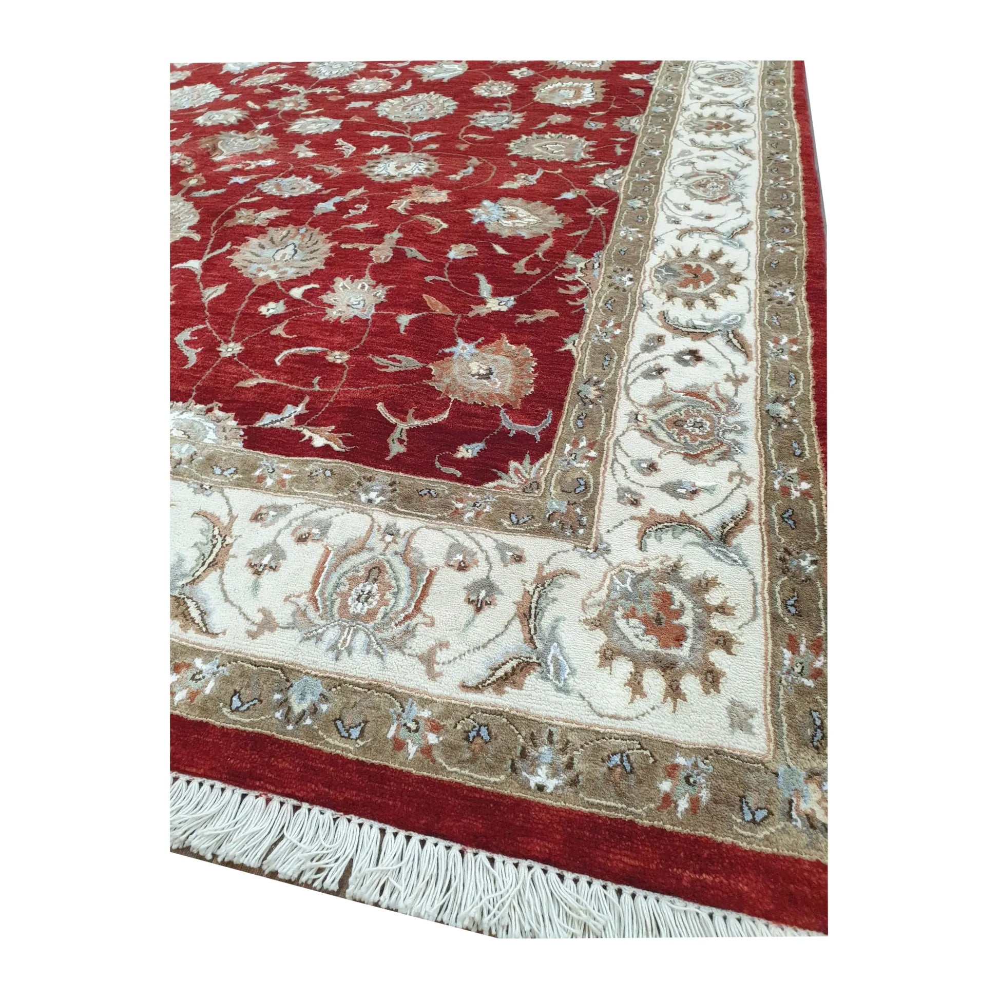 Corner and fringe detail of Indian Ziegler rug with ivory floral border, 300 x 198 cm