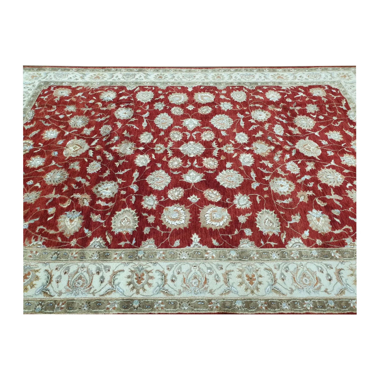 End-border detail of Indian Ziegler rug with red field and pale floral border, 300 x 198 cm