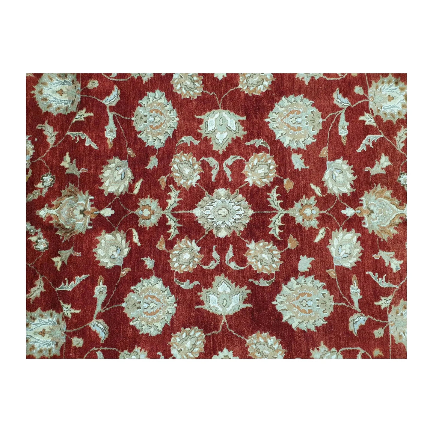 Floral detail of Indian Ziegler wool and silk rug in red, ivory and sage green tones, 300 x 198 cm