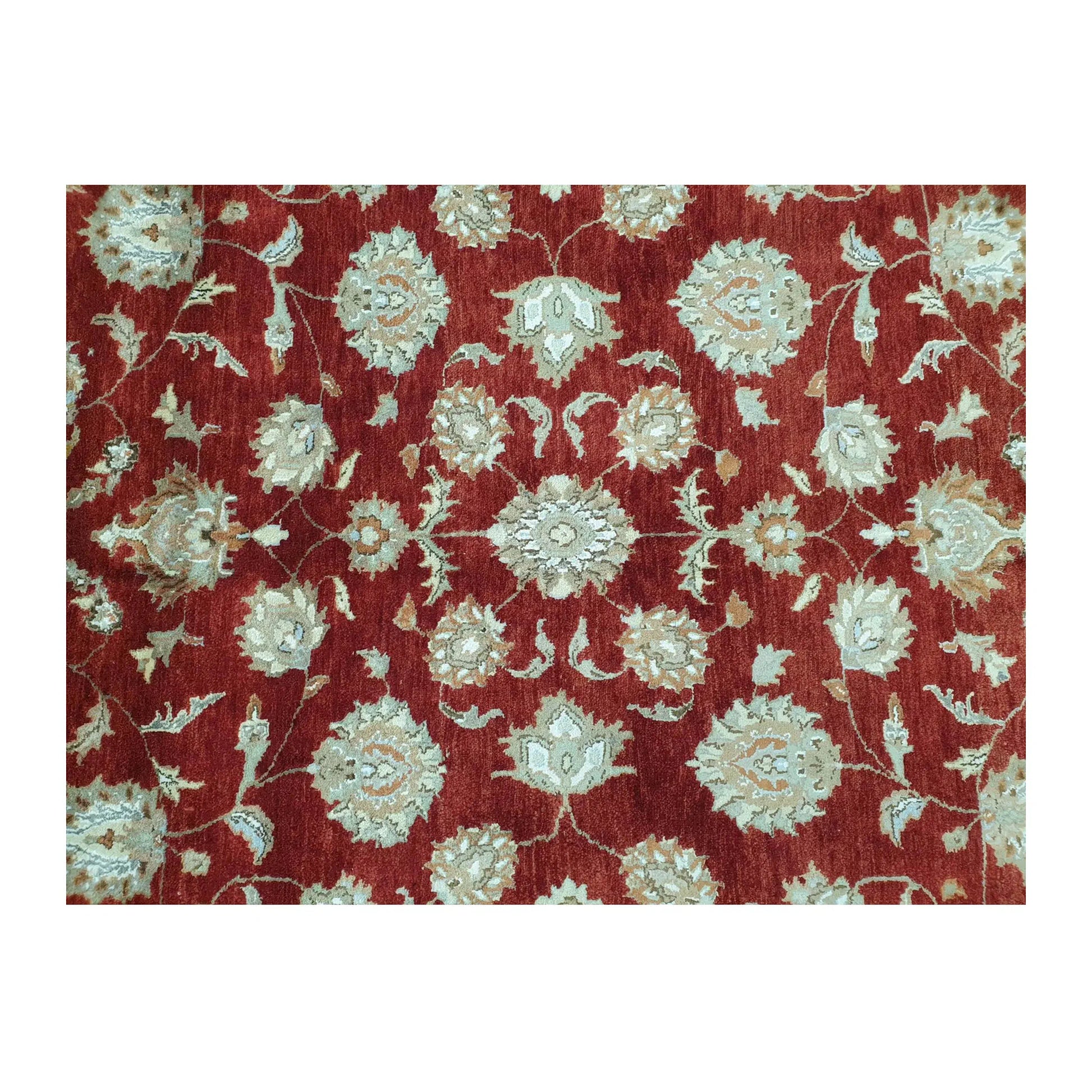 Floral detail of Indian Ziegler wool and silk rug in red, ivory and sage green tones, 300 x 198 cm