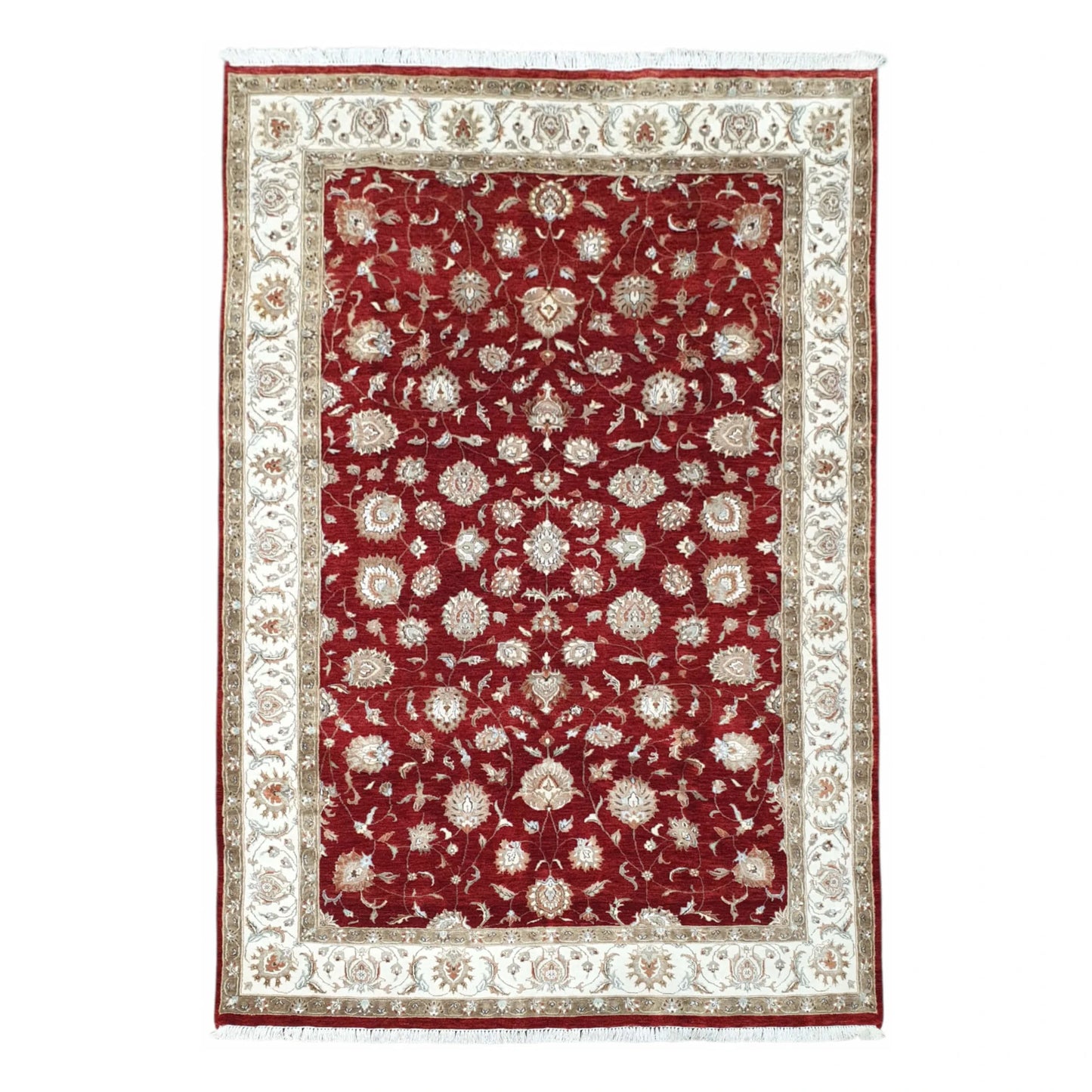 Full view of Indian Ziegler wool and silk rug with red floral field and ivory border, 300 x 198 cm