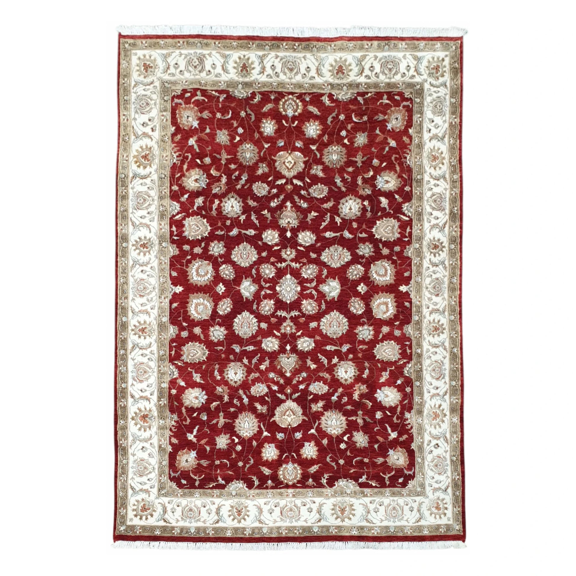 Full view of Indian Ziegler wool and silk rug with red floral field and ivory border, 300 x 198 cm