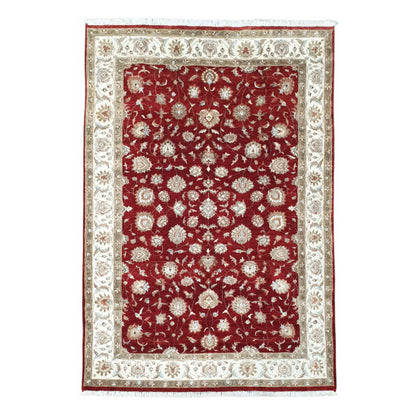 Full view of Indian Ziegler wool and silk rug with red floral field and ivory border, 300 x 198 cm