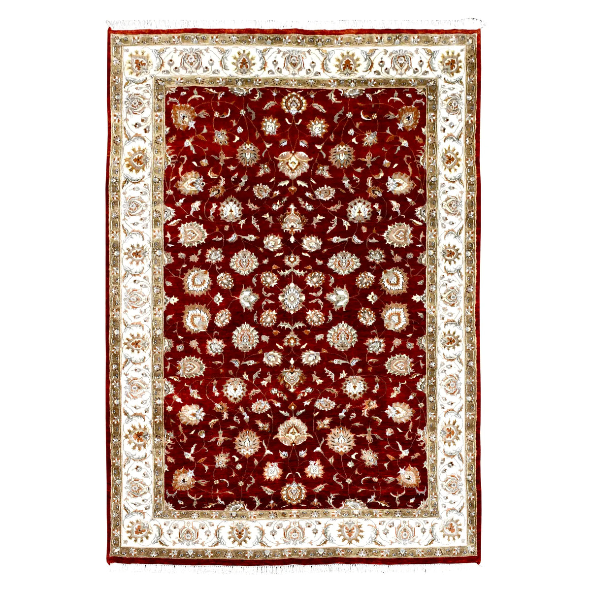 Full view of Indian Ziegler wool and silk rug with deep red floral field and broad ivory border, 300 x 198 cm