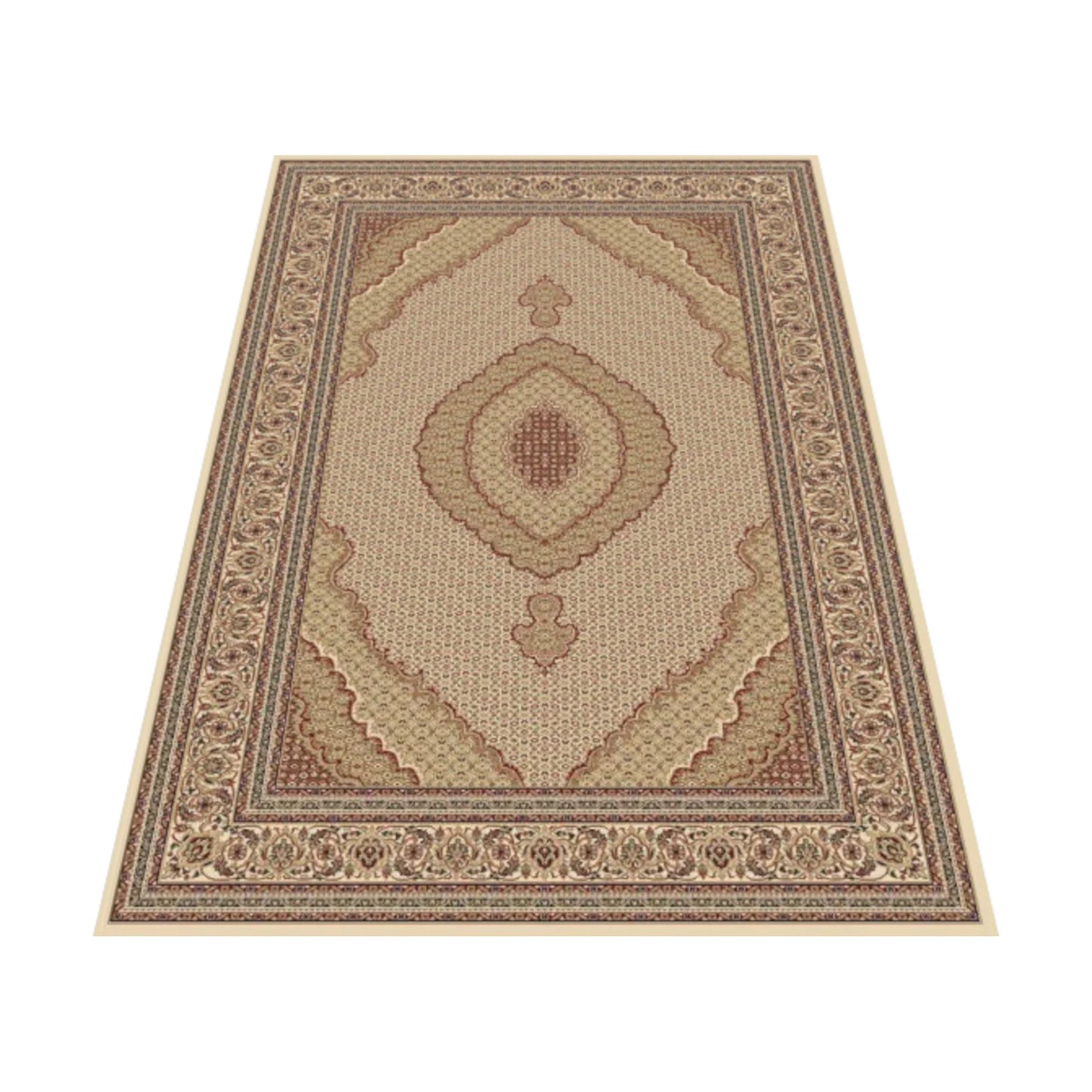 Angled view of Isfahan 10828 Beige traditional rug showing beige field, cream border and ornamental pattern, 290 x 200 cm