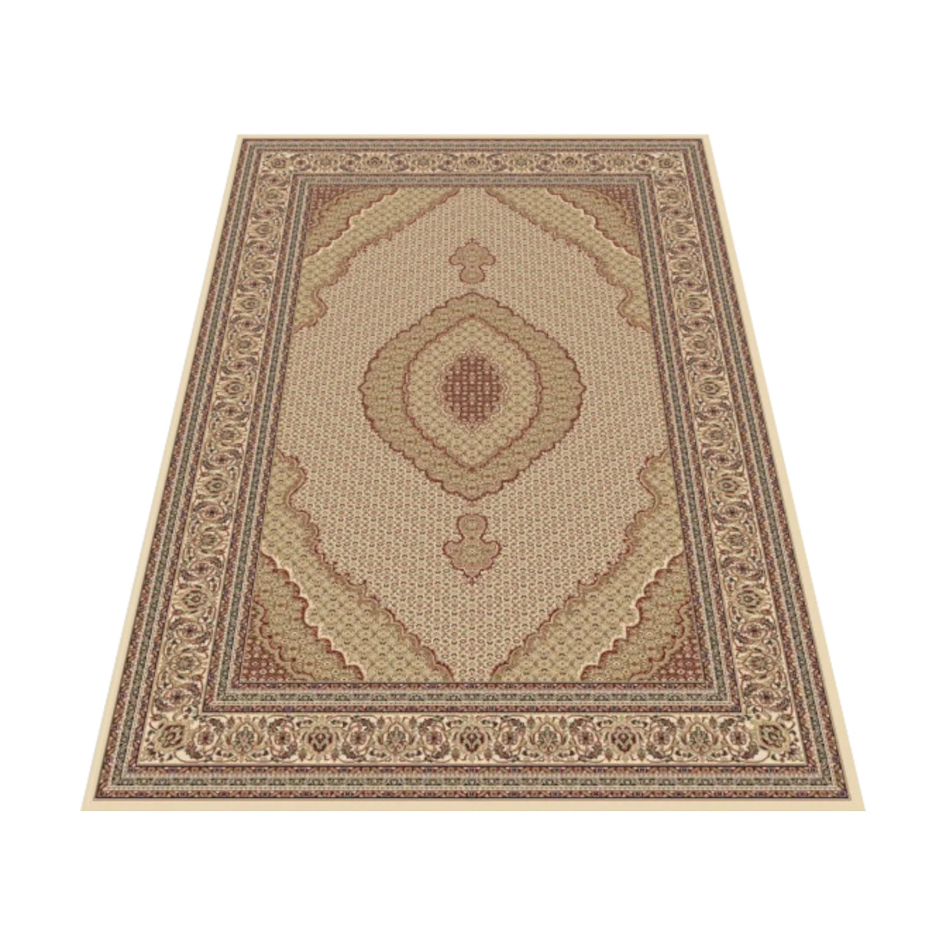 Angled view of Isfahan 10828 Beige traditional rug showing beige field, cream border and ornamental pattern, 290 x 200 cm