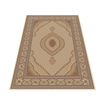 Angled view of Isfahan 10828 Beige traditional rug showing beige field, cream border and ornamental pattern, 290 x 200 cm