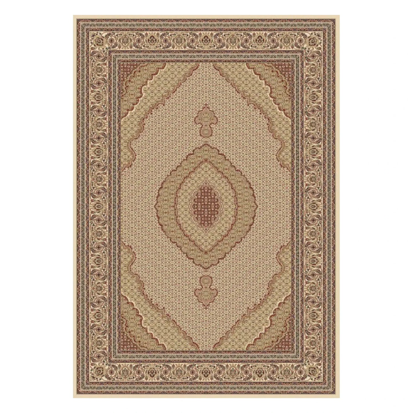 Full view of Isfahan 10828 Beige traditional rug with central medallion, beige field and ornate border, 290 x 200 cm