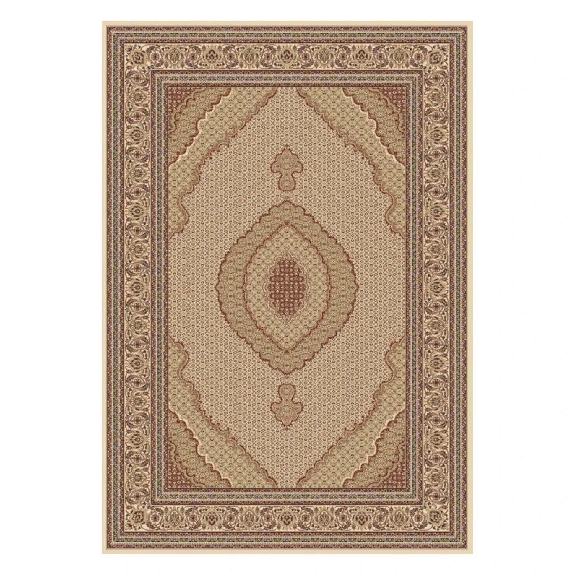 Full view of Isfahan 10828 Beige traditional rug with central medallion, beige field and ornate border, 290 x 200 cm