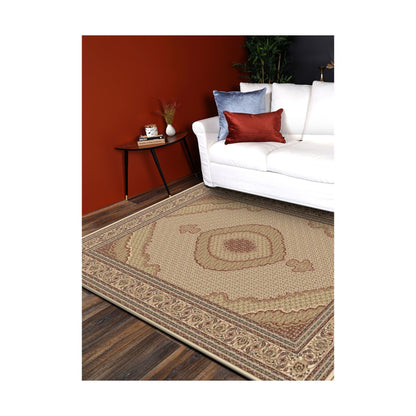 Isfahan 10828 Beige traditional rug styled with bed, side table and cushions, showing neutral medallion design, 290 x 200 cm