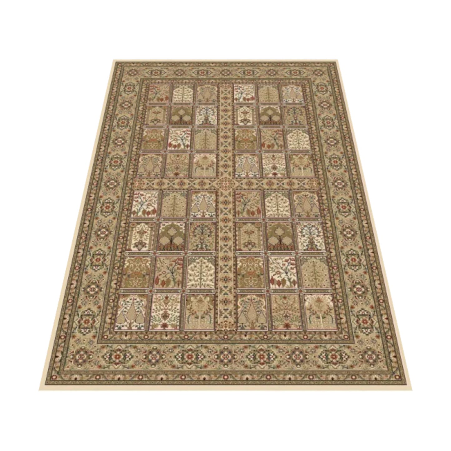Angled view of Isfahan Premium Cream Panel rug showing cream beige tones, framed motifs and detailed border, 290 x 200 cm
