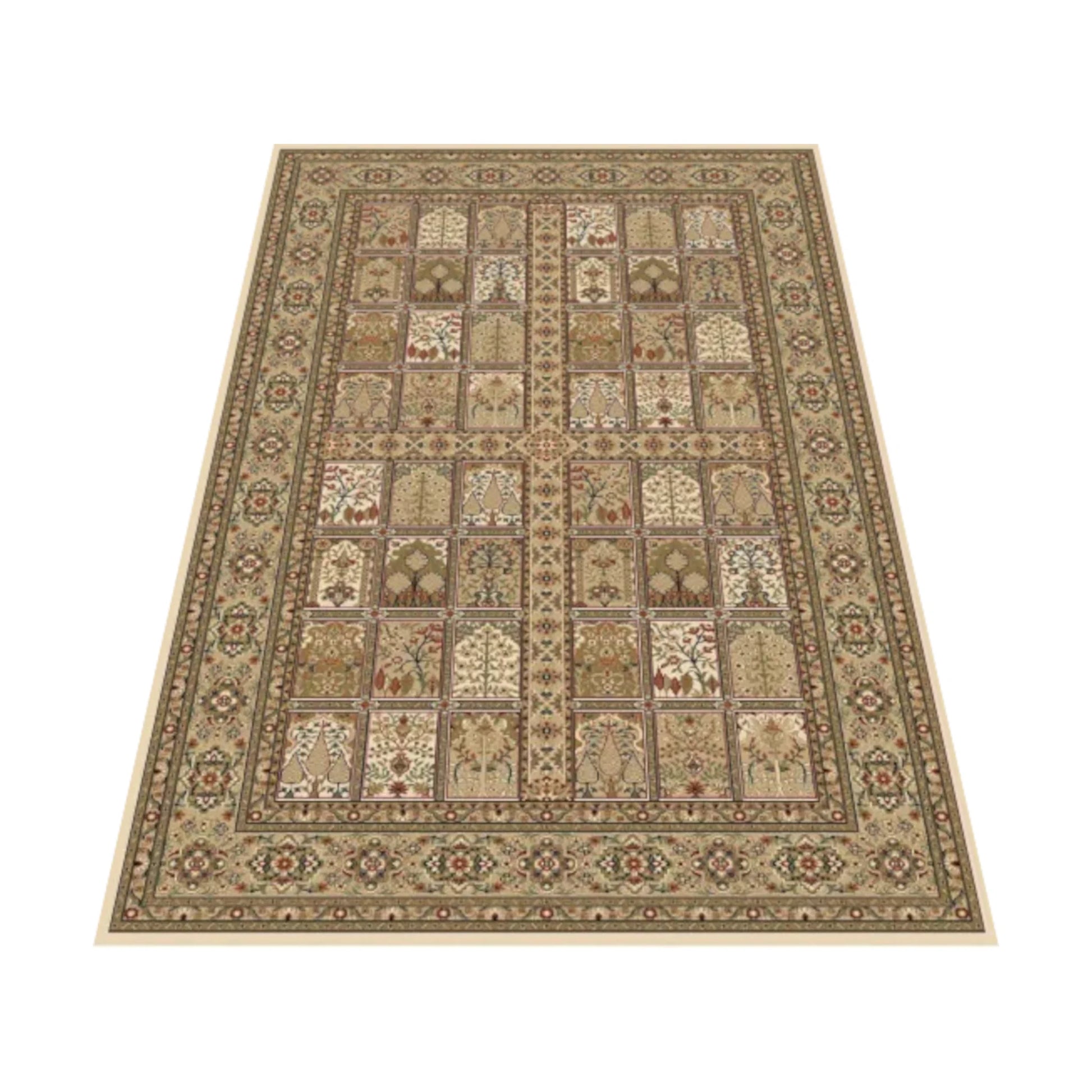 Angled view of Isfahan Premium Cream Panel rug showing cream beige tones, framed motifs and detailed border, 290 x 200 cm