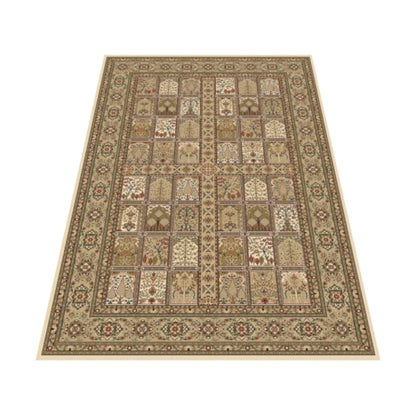 Angled view of Isfahan Premium Cream Panel rug showing cream beige tones, framed motifs and detailed border, 290 x 200 cm