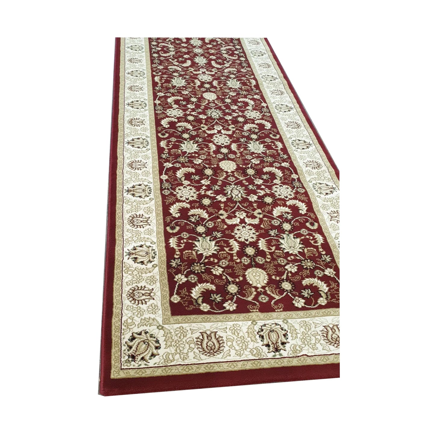 Red Isfahan traditional runner rug with ivory border angled view