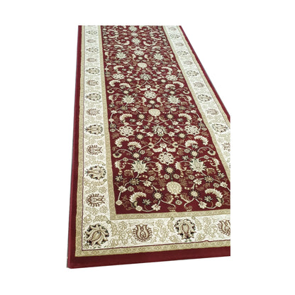 Red Isfahan traditional runner rug with ivory border angled view