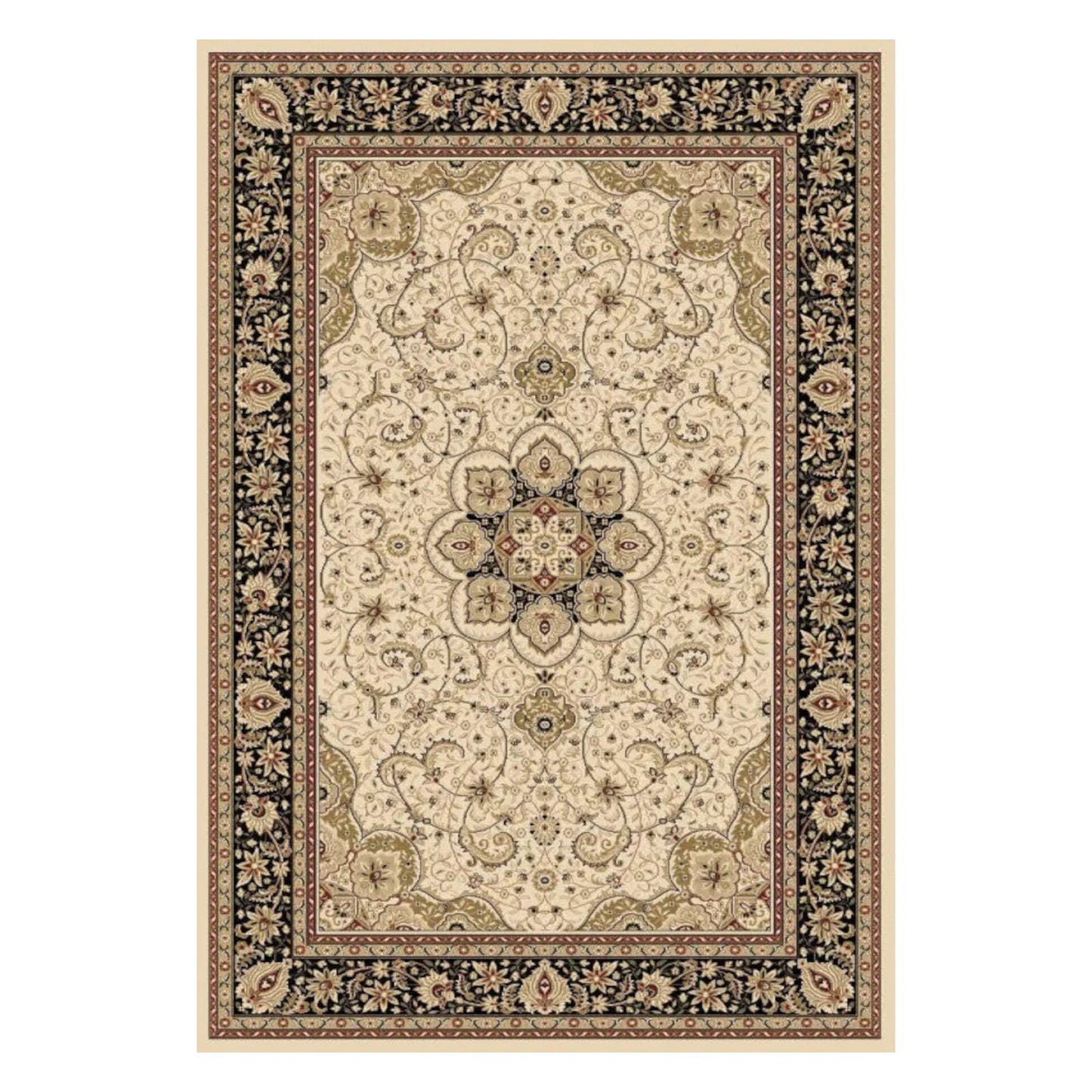 Full view of Isfahan Traditional Designer Cream rug with ornate central medallion, cream field and detailed border, 290 x 200 cm