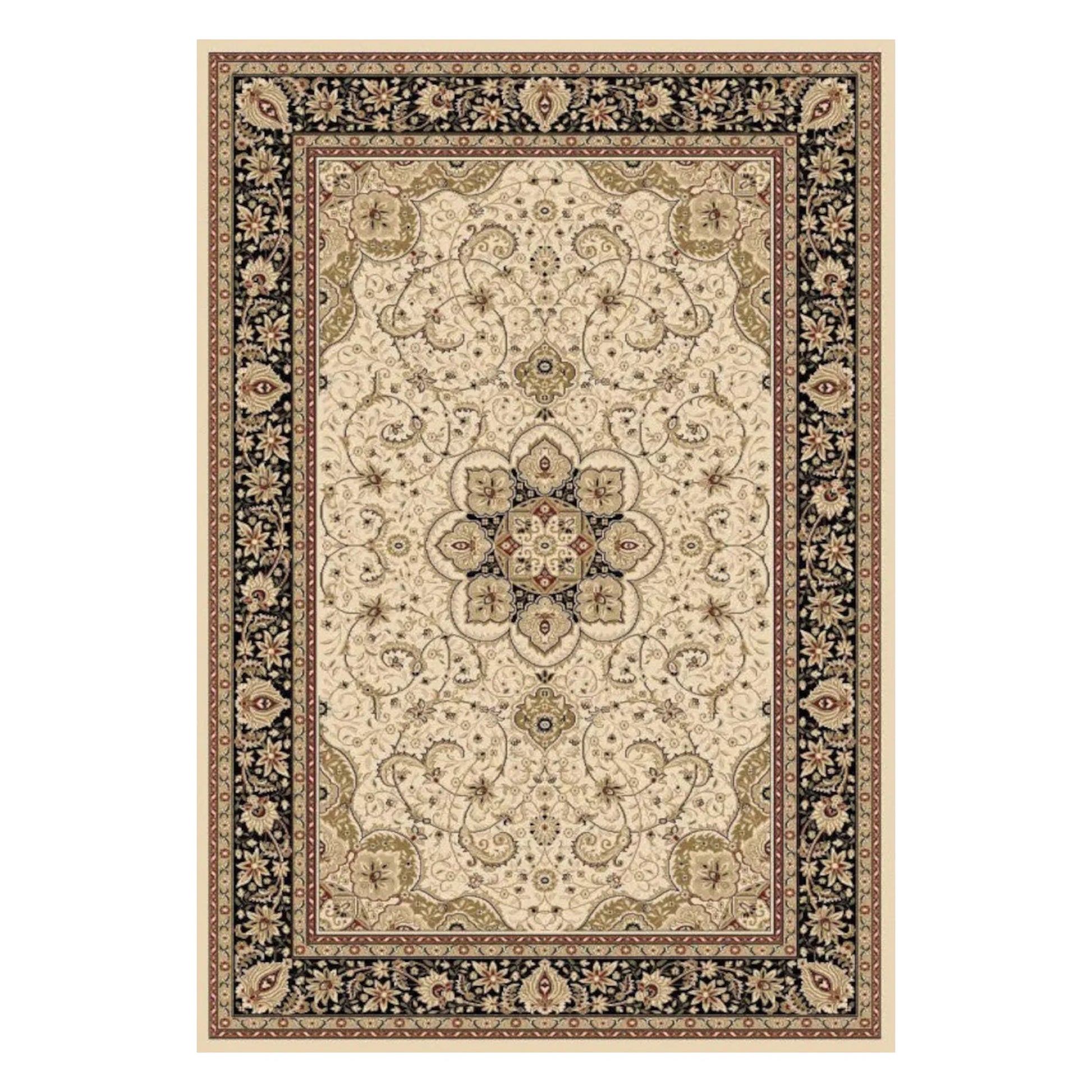 Full view of Isfahan Traditional Designer Cream rug with ornate central medallion, cream field and detailed border, 290 x 200 cm