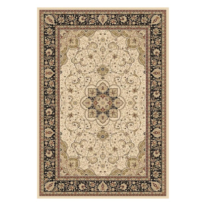 Full view of Isfahan Traditional Designer Cream rug with ornate central medallion, cream field and detailed border, 290 x 200 cm