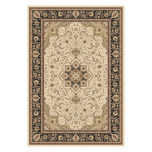 Full view of Isfahan Traditional Designer Cream rug with ornate central medallion, cream field and detailed border, 290 x 200 cm