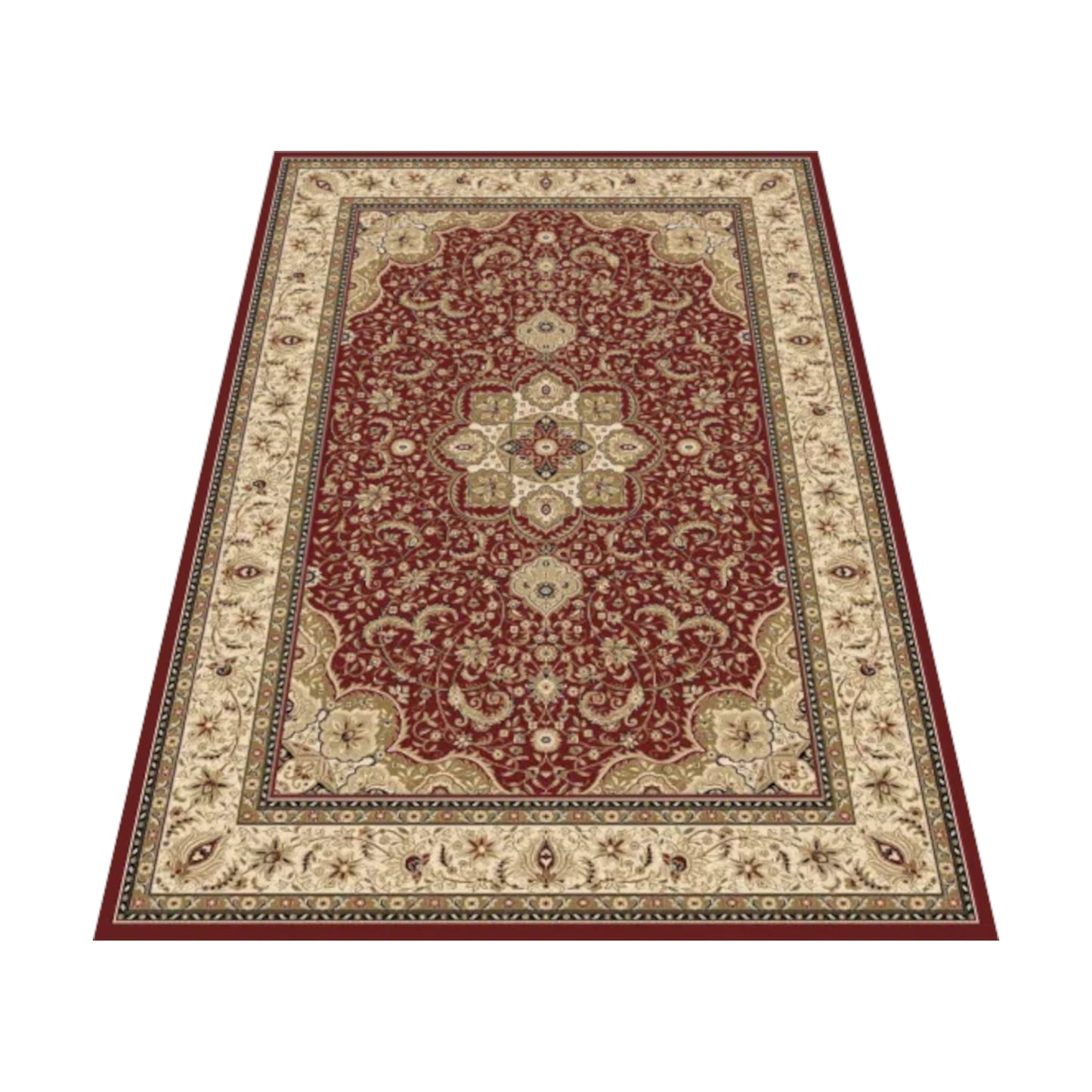 Angled view of Isfahan Traditional Designer Red Medallion rug showing red field, cream border and ornamental pattern, 290 x 200 cm