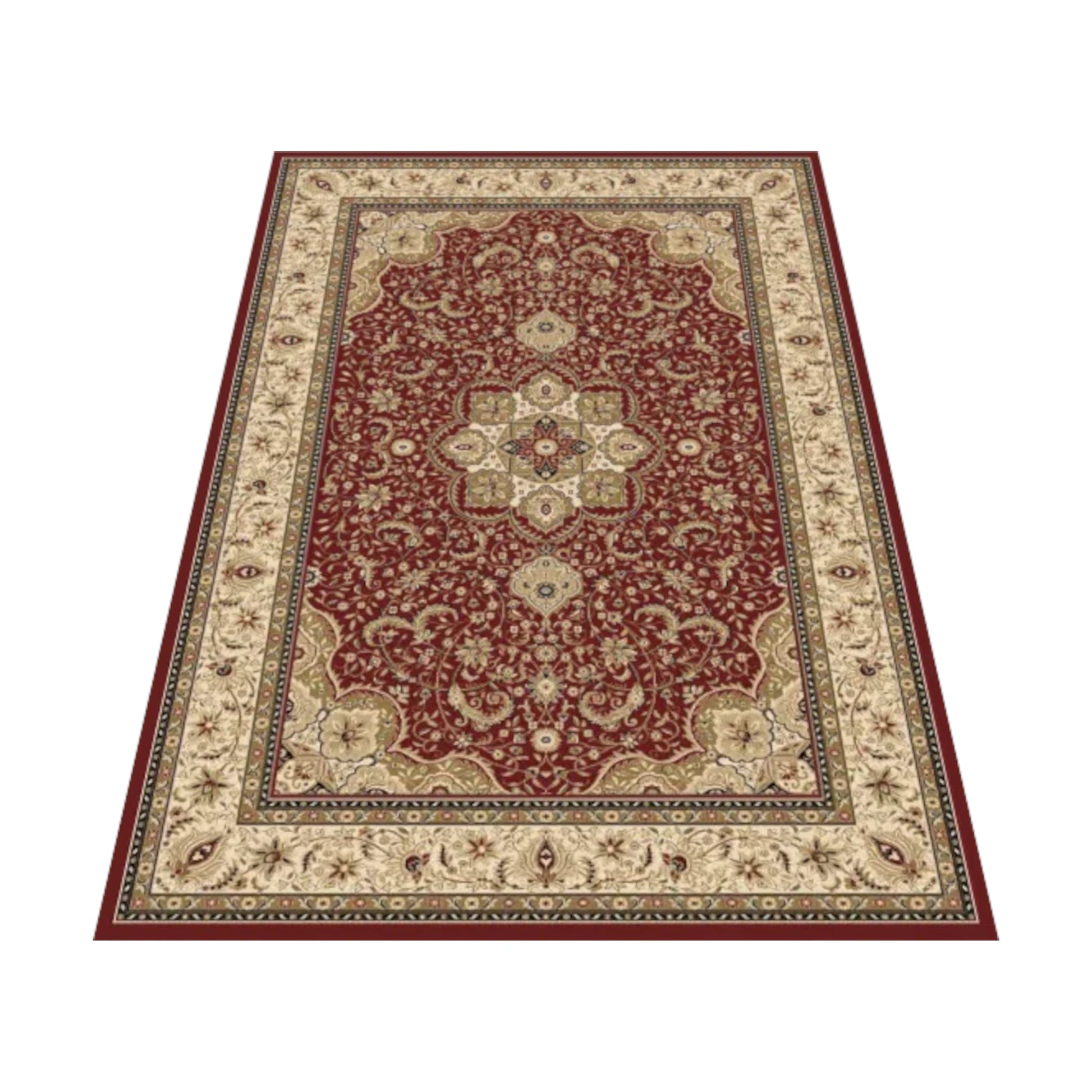 Angled view of Isfahan Traditional Designer Red Medallion rug showing red field, cream border and ornamental pattern, 290 x 200 cm