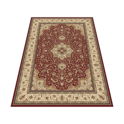 Angled view of Isfahan Traditional Designer Red Medallion rug showing red field, cream border and ornamental pattern, 290 x 200 cm