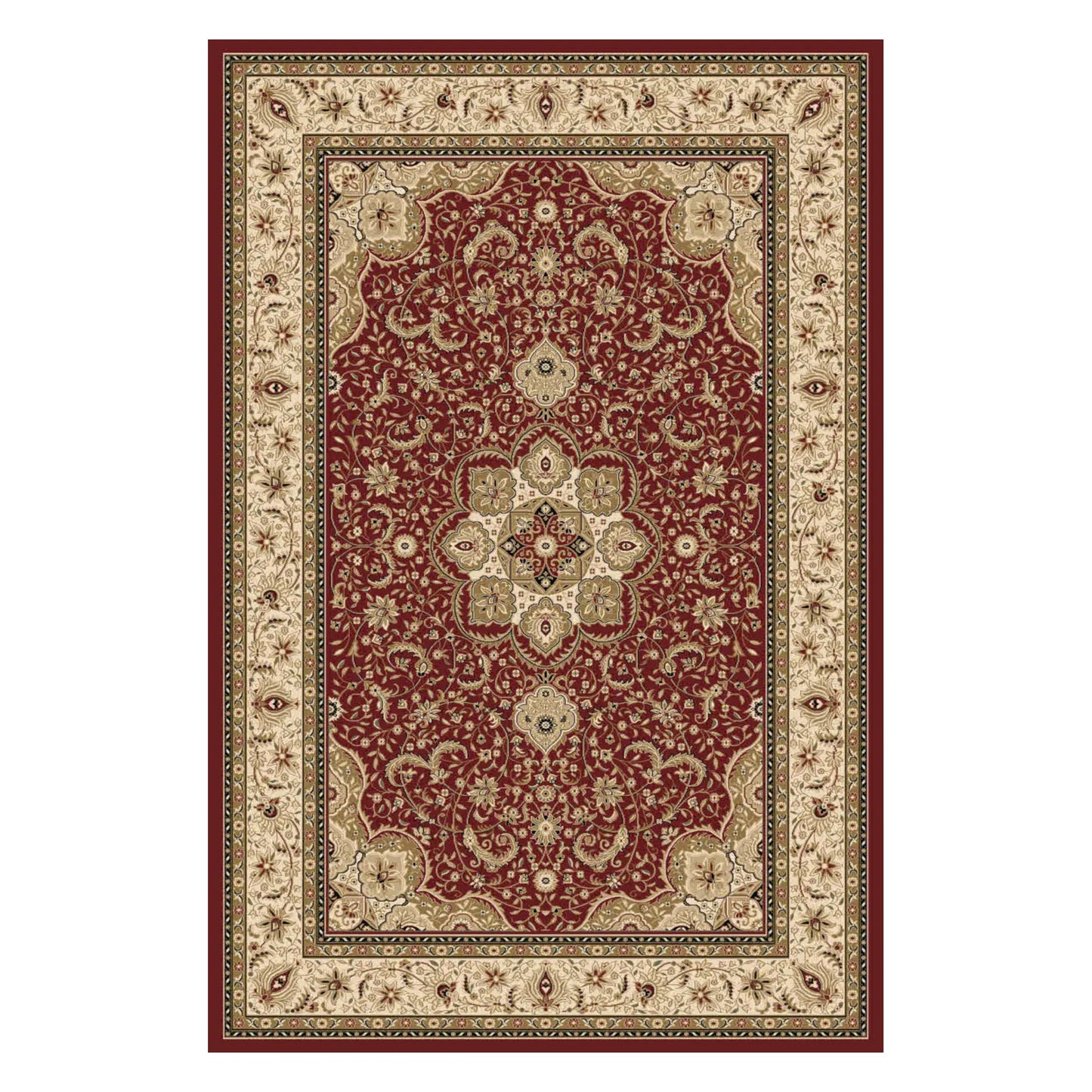 Full view of Isfahan Traditional Designer Red Medallion rug with red field, ornate central medallion and cream border, 290 x 200 cm