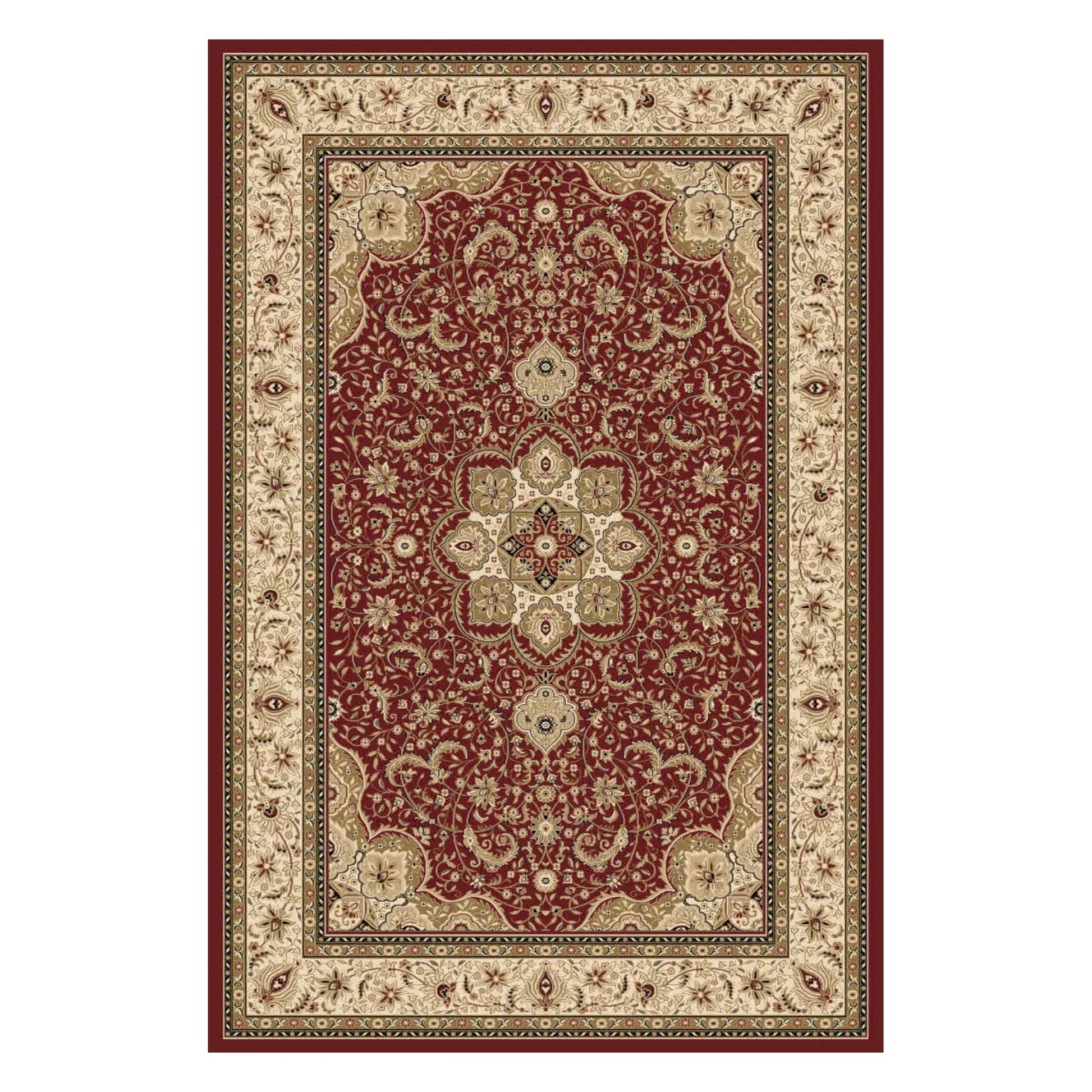 Full view of Isfahan Traditional Designer Red Medallion rug with red field, ornate central medallion and cream border, 290 x 200 cm