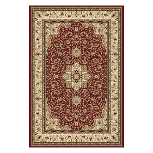 Full view of Isfahan Traditional Designer Red Medallion rug with red field, ornate central medallion and cream border, 290 x 200 cm
