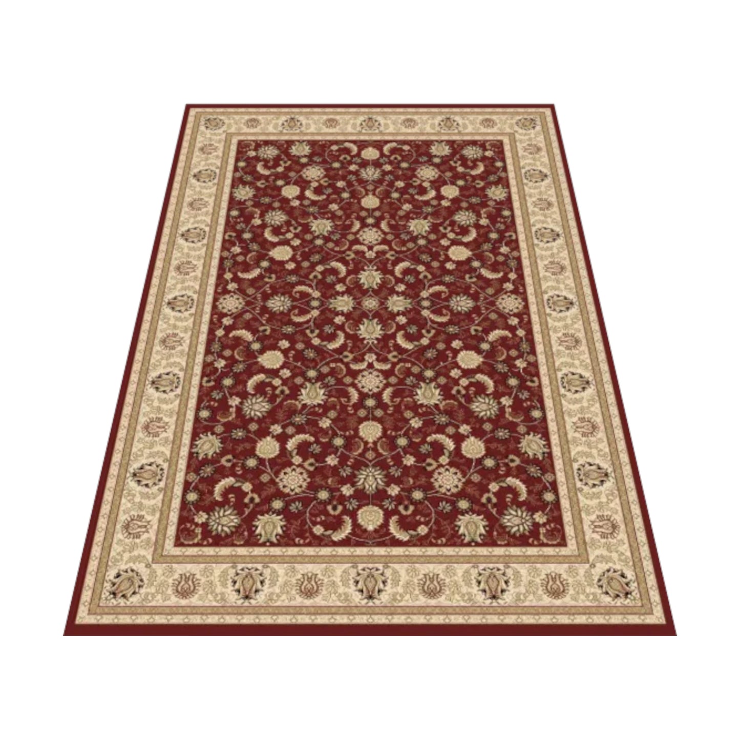 Angled view of Isfahan Traditional Designer Red rug showing red field, beige border and ornamental pattern, 290 x 200 cm