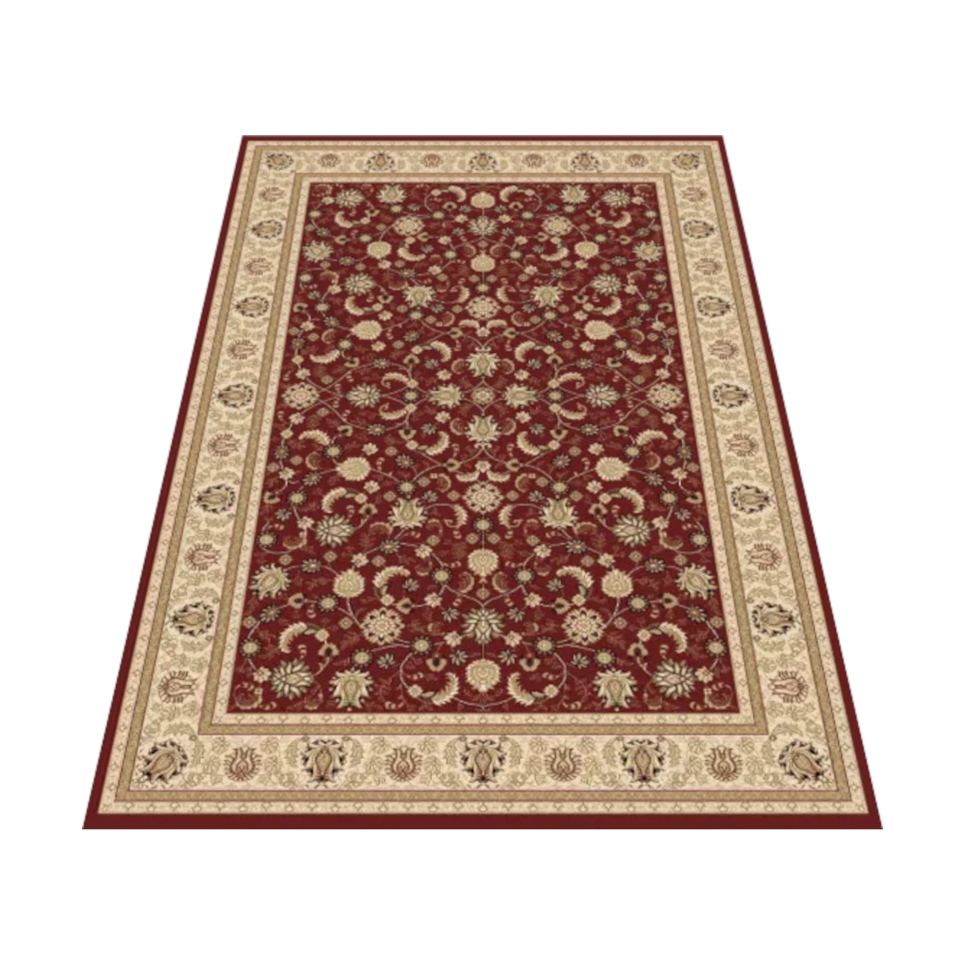 Angled view of Isfahan Traditional Designer Red rug showing red field, beige border and ornamental pattern, 290 x 200 cm