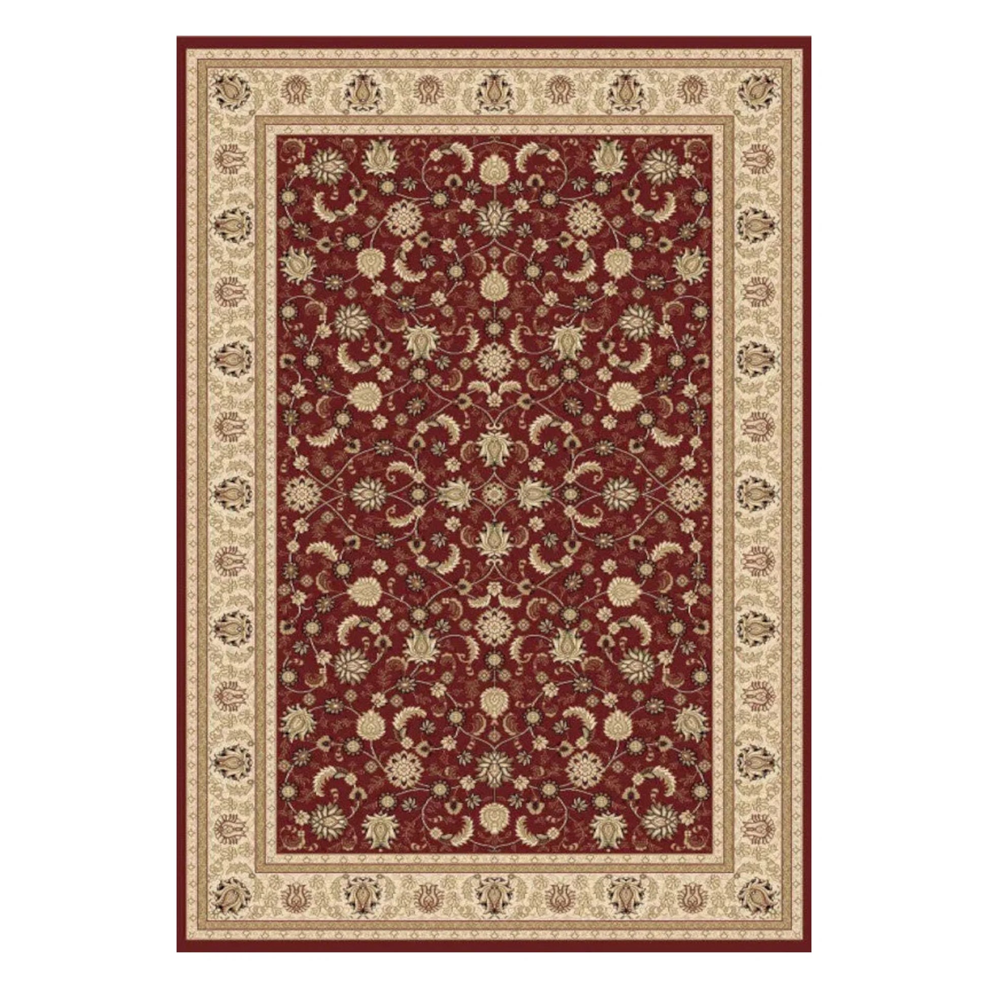 Full view of Isfahan Traditional Designer Red rug with central medallion, red field and ornate border, 290 x 200 cm