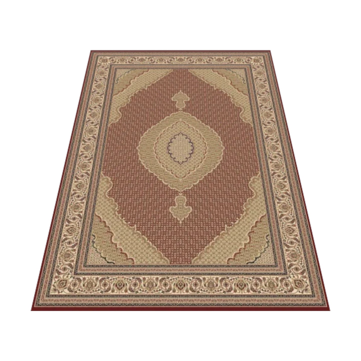 Angled view of Isfahan Traditional Red Designer Rug showing red field, beige medallion and patterned border
